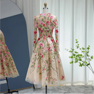 Blossom Affair: Garden Embroidery Short Evening Dress with Jacket - Ankle-Length Midi Elegance for Wedding Guests and Formal Parties.