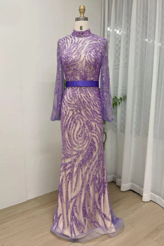 Ships in 1 to 3 Days - Luxury Lilac Dubai Mermaid Evening Dress: Elegant Long Sleeve Muslim Formal Dress for Women's Wedding Party