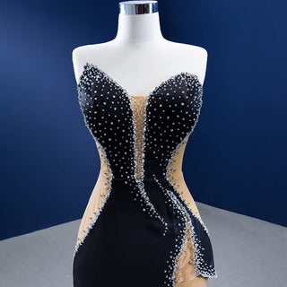 Radiant Elegance: Sleeveless Black and Gold Crystal Sequins Prom Evening Dress for Women