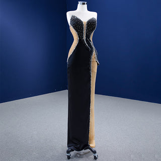 Radiant Elegance: Sleeveless Black and Gold Crystal Sequins Prom Evening Dress for Women