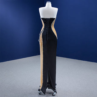 Radiant Elegance: Sleeveless Black and Gold Crystal Sequins Prom Evening Dress for Women