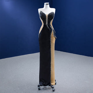 Radiant Elegance: Sleeveless Black and Gold Crystal Sequins Prom Evening Dress for Women