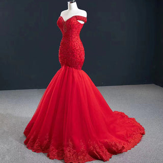 Ravishing in Red: Lace Off-Shoulder Mermaid Evening Party Dresses