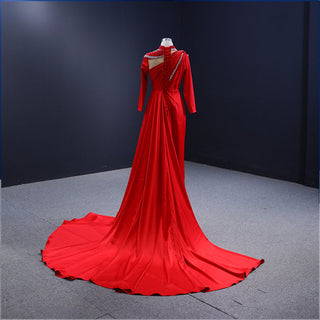 Red Satin Elegance: High Neck Mermaid Wedding Evening Dress with a Long Tail