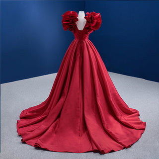 Red Satin Ruffle Flower Prom V-Neck Evening Party Bridal A-Line Wedding Dress