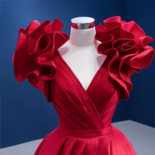 Red Satin Ruffle Flower Prom V-Neck Evening Party Bridal A-Line Wedding Dress