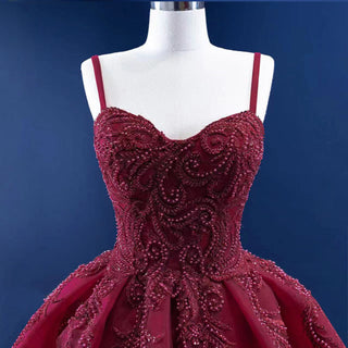 Red Wine Embroidery Elegance: Spaghetti Strap Modest Evening Gown Dress