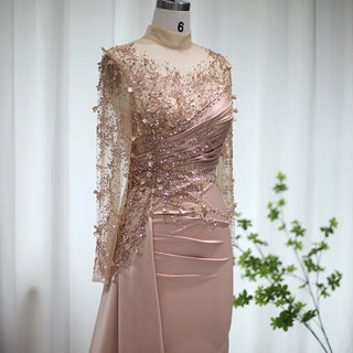 Rose Gold Mermaid Arabic Evening Dresses: Long Sleeve, Luxury Dubai Muslim Formal Dress for Women at Wedding Parties