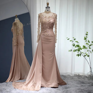 Rose Gold Mermaid Arabic Evening Dresses: Long Sleeve, Luxury Dubai Muslim Formal Dress for Women at Wedding Parties