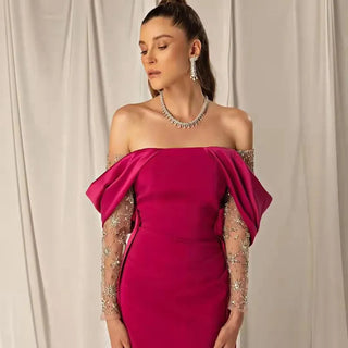 Rose Radiance: Off-Shoulder Fuchsia Evening Party Dress with Arabic Beaded Elegance and Long Sleeves - Perfect for Weddings and Formal Proms.