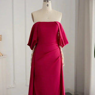 Rose Radiance: Off-Shoulder Fuchsia Evening Party Dress with Arabic Beaded Elegance and Long Sleeves - Perfect for Weddings and Formal Proms.