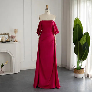 Rose Radiance: Off-Shoulder Fuchsia Evening Party Dress with Arabic Beaded Elegance and Long Sleeves - Perfect for Weddings and Formal Proms.