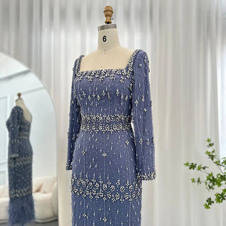 Sapphire Elegance: Crystal-Feathered Dubai Evening Gown in Elegant Blue Lace - The Ultimate Midi Dress for Arabic Formal Affairs and Weddings.