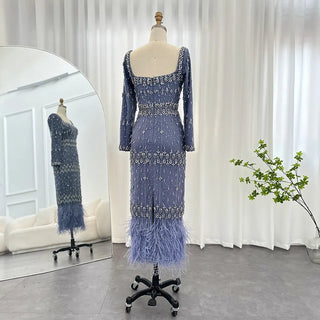 Sapphire Elegance: Crystal-Feathered Dubai Evening Gown in Elegant Blue Lace - The Ultimate Midi Dress for Arabic Formal Affairs and Weddings.