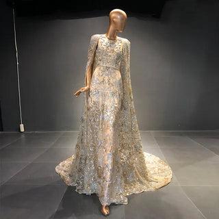 Sparkly Sequin Champagne Luxury Dubai Evening Dresses with Cape Long Elegant Arabic Wedding Formal Party Gowns