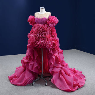 Special Pink Ruffle Ruched Evening Gown: Bridal Prom Dress with a Stunning Long Train