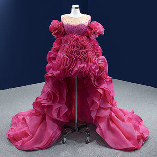 Special Pink Ruffle Ruched Evening Gown: Bridal Prom Dress with a Stunning Long Train