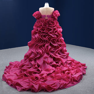 Special Pink Ruffle Ruched Evening Gown: Bridal Prom Dress with a Stunning Long Train