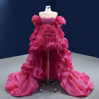 Special Pink Ruffle Ruched Evening Gown: Bridal Prom Dress with a Stunning Long Train