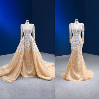 Sultry Champagne Elegance: Mermaid Evening Gowns Dress with Detachable Train