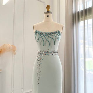 Turquoise Crystal Luxury Dubai Evening Dress: Elegant Long Mermaid Formal Prom Dress for Women's Wedding Party