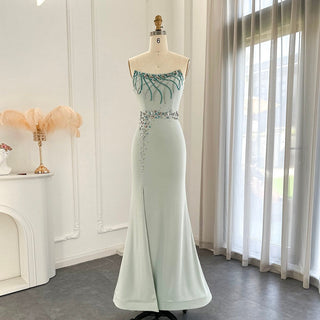 Turquoise Crystal Luxury Dubai Evening Dress: Elegant Long Mermaid Formal Prom Dress for Women's Wedding Party