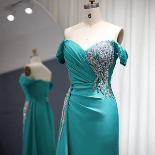 Turquoise Temptation: Elegant Off-Shoulder Mermaid Evening Dress with Overskirt, Perfect for Women at Wedding Parties in Fuchsia and Formal Events.