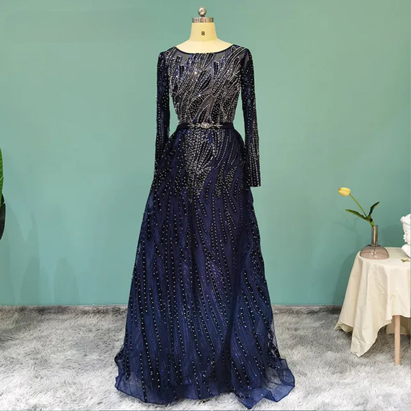 Navy Nightscape: Velvet Muslim Mermaid Gown with Crystal Accents ...