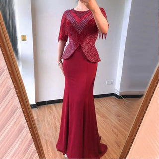 Ships in 1 to 3 Days - 2024 Burgundy Satin Mermaid Gown: Tassel Beading with Tulle Half Sleeves for Formal Evening Affairs