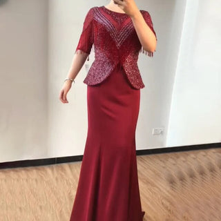 Ships in 1 to 3 Days - 2024 Burgundy Satin Mermaid Gown: Tassel Beading with Tulle Half Sleeves for Formal Evening Affairs