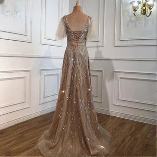 2024 Gold Luxury A-Line Evening Gown: Long with Exquisite Beading and Short Flare Sleeves - Perfect for Women's Nighttime Parties