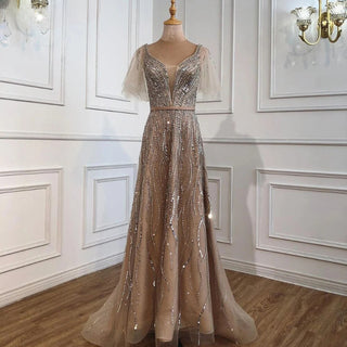 2024 Gold Luxury A-Line Evening Gown: Long with Exquisite Beading and Short Flare Sleeves - Perfect for Women's Nighttime Parties