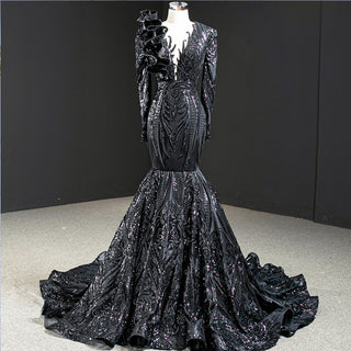 Mermaid Glamour: Long Sleeve Sequin Black Evening Gown for Ladies