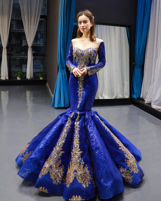 Regal Radiance: Royal Blue Long Sleeve Mermaid Evening Dress for Women