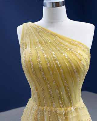 Sunset Elegance: Yellow One-Shoulder Evening Gown for Sophisticated Parties