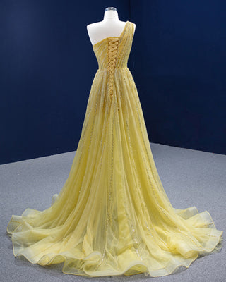 Sunset Elegance: Yellow One-Shoulder Evening Gown for Sophisticated Parties