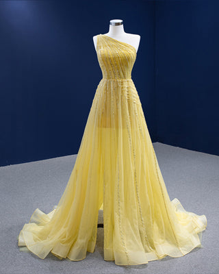 Sunset Elegance: Yellow One-Shoulder Evening Gown for Sophisticated Parties