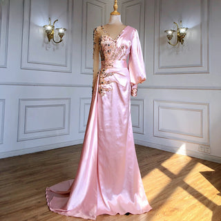 Peach Satin Muslim Mermaid Evening Dress 2024 with Elegant Beaded V-Neck and Skirt - Ideal for Women's Party