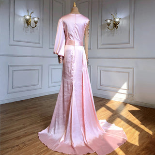 Peach Satin Muslim Mermaid Evening Dress 2024 with Elegant Beaded V-Neck and Skirt - Ideal for Women's Party