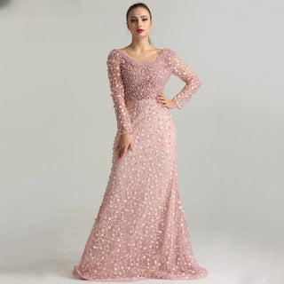 Pink Elegance: 2024 Mermaid Evening Dress with Pearls, Lace, Embroidery, and Long Sleeves - Perfect for Formal Evening Events