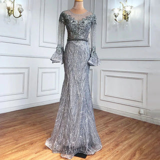 Sapphire Serenity: Muslim Blue Mermaid Evening Gown with Elegant Beading – 2024 Luxury Party Wear