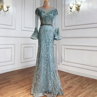 Sapphire Serenity: Muslim Blue Mermaid Evening Gown with Elegant Beading – 2024 Luxury Party Wear