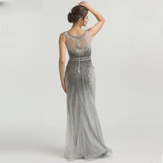 Twilight Allure: Sleeveless Grey Nude V-Neck Evening Gown with Crystal Embellishments – 2024