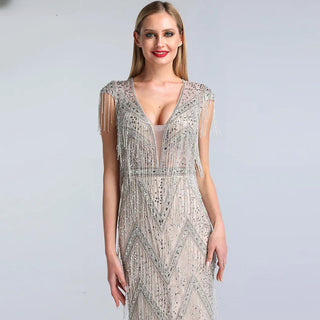 Silver Beading Tassel V-Neck Luxury Evening Dresses 2024 Latest Design Sleeveless Mermaid Evening Gowns