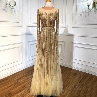 Elegance Reimagined: 2024 Enchantress Gold Beaded A-Line Evening Gown with Cape Sleeves