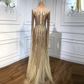 Elegance Reimagined: 2024 Enchantress Gold Beaded A-Line Evening Gown with Cape Sleeves