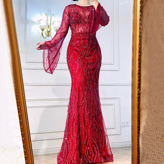 Wine Red Elegance: 2024 Muslim Mermaid Evening Gown with Beading - Perfect for Women's Wedding Parties