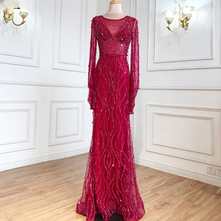 Wine Red Elegance: 2024 Muslim Mermaid Evening Gown with Beading - Perfect for Women's Wedding Parties