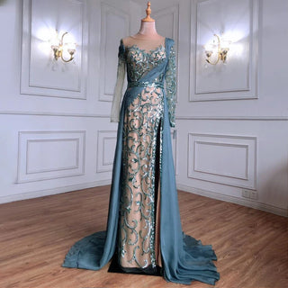 Verdant Vogue: Green Beaded Mermaid Dress with Split and Long Sleeves – 2024 Formal Party Elegance