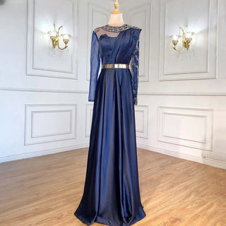 Navy Blue Glamour: 2024 Muslim A-Line Evening Dress in Satin with Beaded Sashes - Perfect for Women's Parties